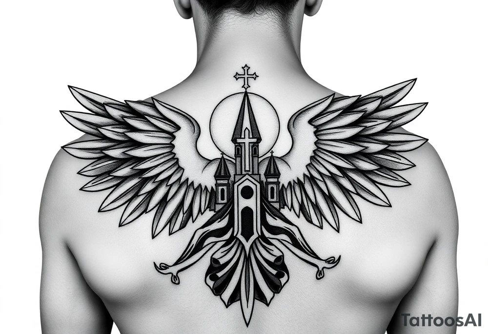 an actual russian coat of arms with the eagles wings spanning out on my back neck across my shoulders / traps with a orthodox christian church being visible in a mountainous sun beaming setting, with the russian orthodox cross spire of the orthodox church being visible on my neck with a sun beaming in the background that the cross sits inside tattoo idea