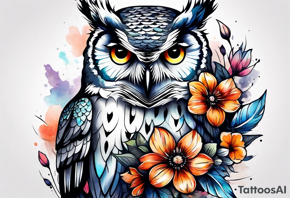Owl and flowers full arm sleeve tattoo idea