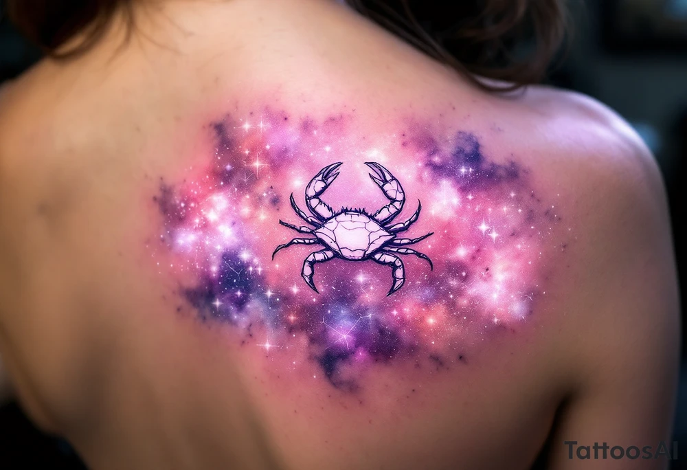 A pale crab silhouette floats within an ethereal pink and violet galaxy containing the Cancer stars constellation. tattoo idea