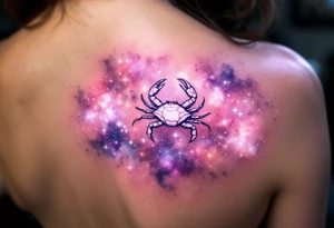 A pale crab silhouette floats within an ethereal pink and violet galaxy containing the Cancer stars constellation. tattoo idea