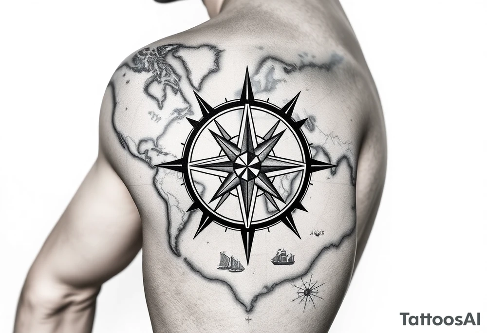antique compass rose overlaid on weathered world map with sailing ships tattoo idea