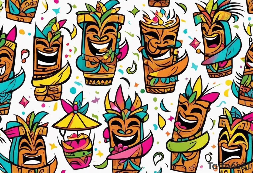 tiki party with dancing tiki guys and sexy tiki girls with music notes and confetti tattoo idea
