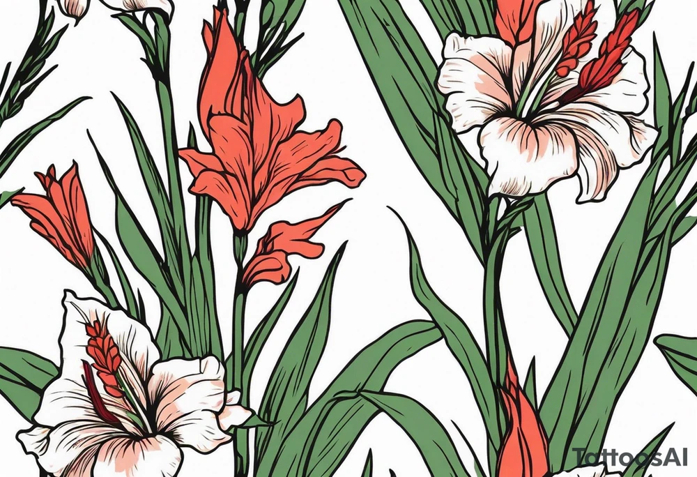 one single narrow gladiolus stalk. green leaves. coral-colored flowers with deep red centers. tattoo idea