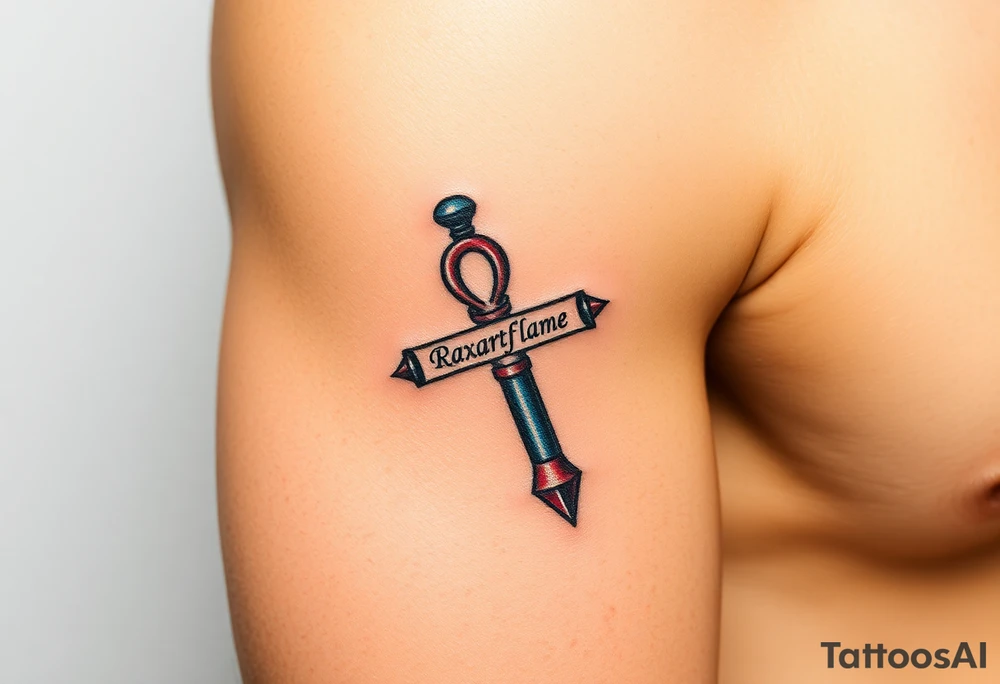 A Hand Holding an Ankh with a Name Written Inside(only red, blue and black are possible colors) tattoo idea