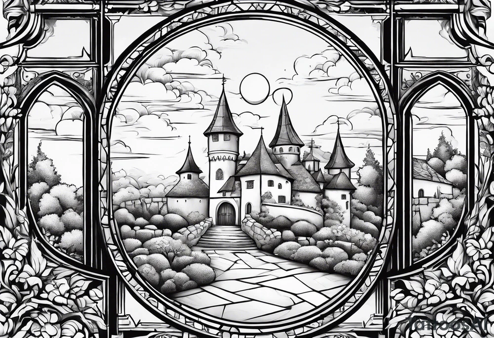 sky medieval town garden with towers small houses gate entrance
in circle white clouds vignette tattoo idea