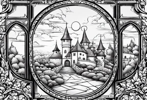 sky medieval town garden with towers small houses gate entrance 
 in circle white clouds  vignette tattoo idea