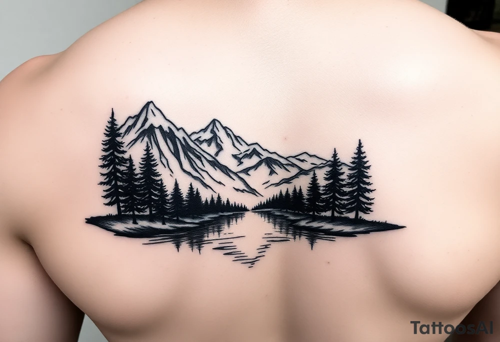 A vignette with a lake and mountains with trees tattoo idea