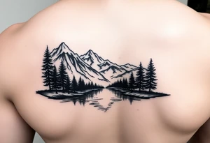 A vignette with a lake and mountains with trees tattoo idea