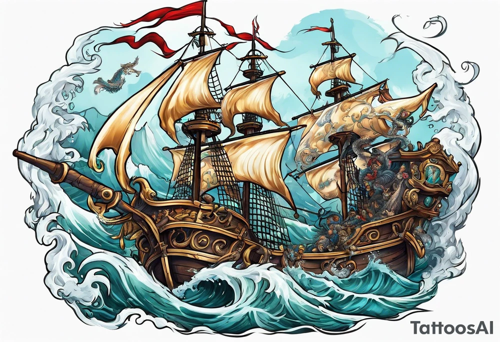 skeleton pirates fighting a sea serpent tattoo idea