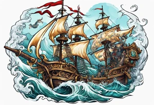 skeleton pirates fighting a sea serpent tattoo idea