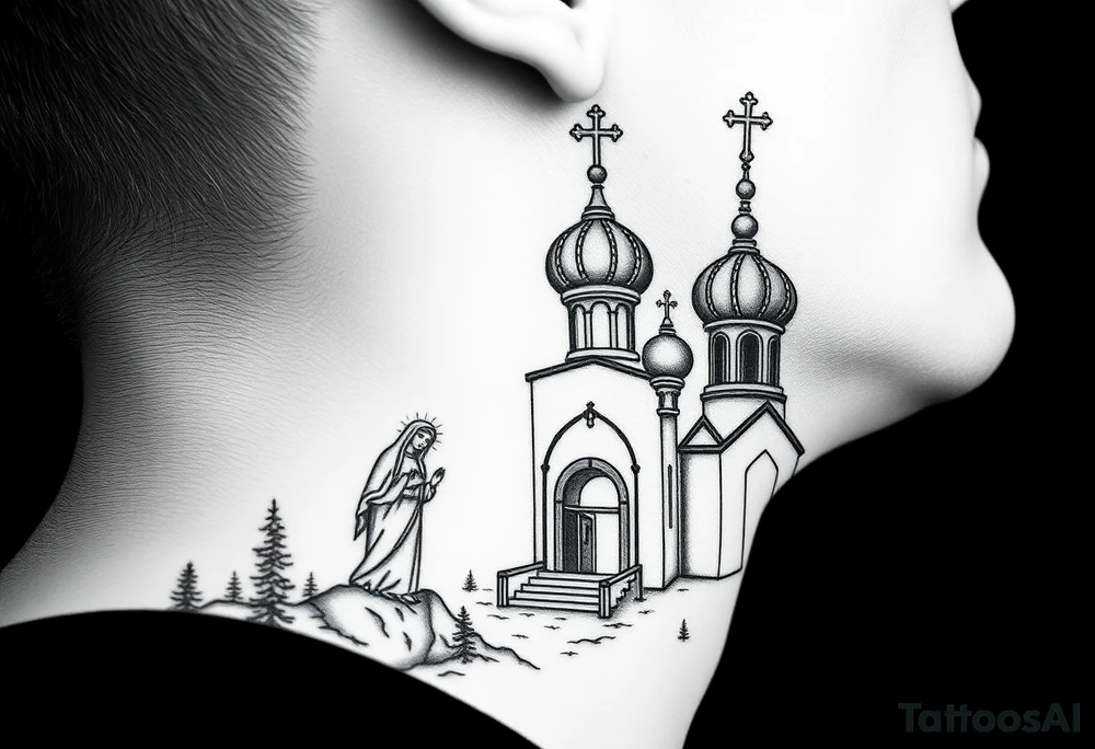russian design traditional christian orthodox cross with a virgin mary stood beside the entrance of a russian orthodox dome church on the side of the neck in a wilderness setting with the design spread out the side of the neck tattoo idea
