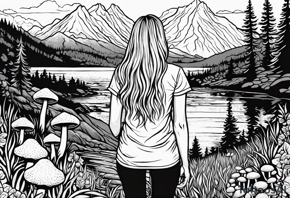Straight long blonde hair hippie girl in distance holding mushrooms in hand facing away toward mountains and creek surrounded by mushrooms tee shirt and hiking pants tattoo idea
