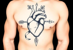 anatomical heart pierced by ornate arrow with flowing ribbons tattoo idea