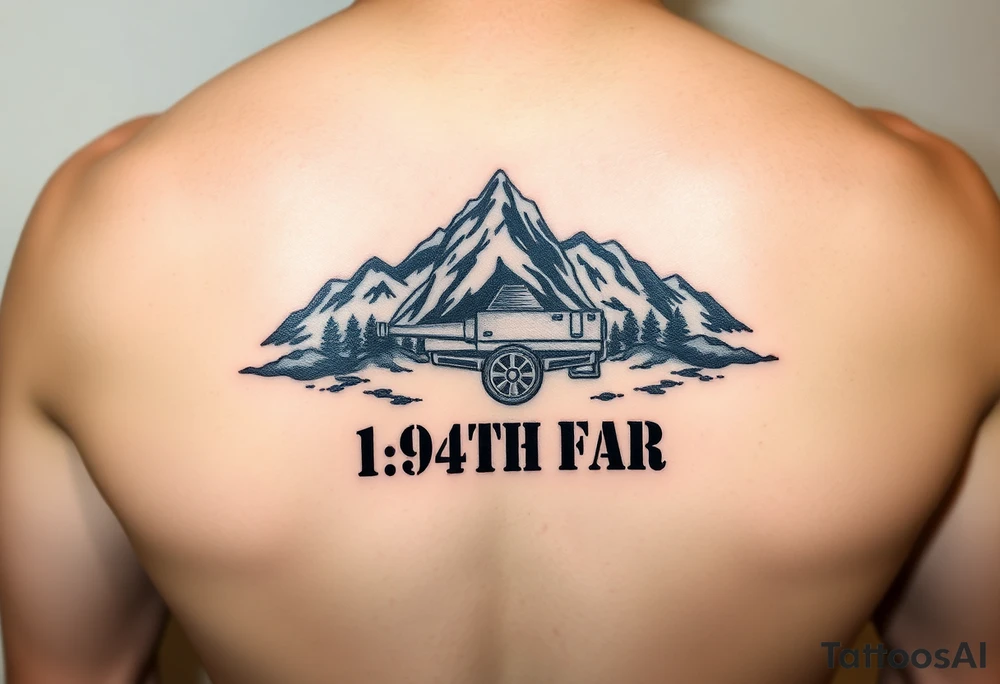 American traditional style with a mountain and the field artillery logo for the ar,y and the saying 1-94TH FAR tattoo idea