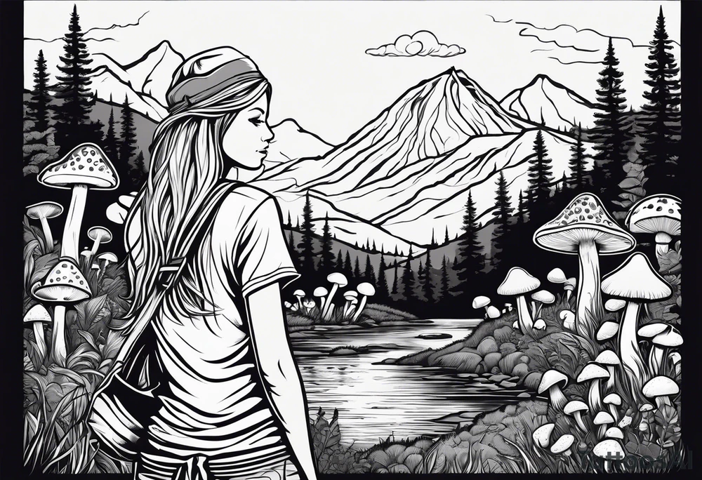 Straight long blonde hair hippie girl in distance holding mushrooms in hand facing away toward mountains and creek surrounded by mushrooms tee shirt and hiking pants tattoo idea