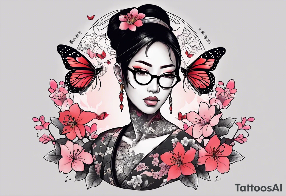 Japanese-style tattoo Black dark-skinned Female with glasses with butterflies and sakura blossoms around her with the lettering " Nisha " Underneath. tattoo idea
