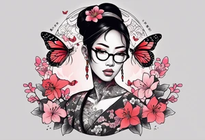 Japanese-style tattoo Black dark-skinned Female with glasses with butterflies and sakura blossoms around her with the lettering " Nisha " Underneath. tattoo idea