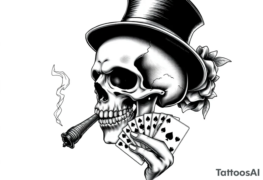 a skull with mustache,top-hat, cigar in his mouth and playing cards in a hand. tattoo idea