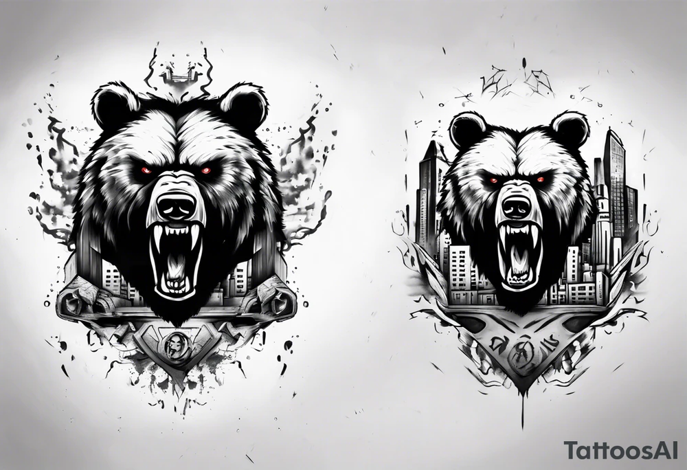 Angry bear coming up behind a city tattoo idea