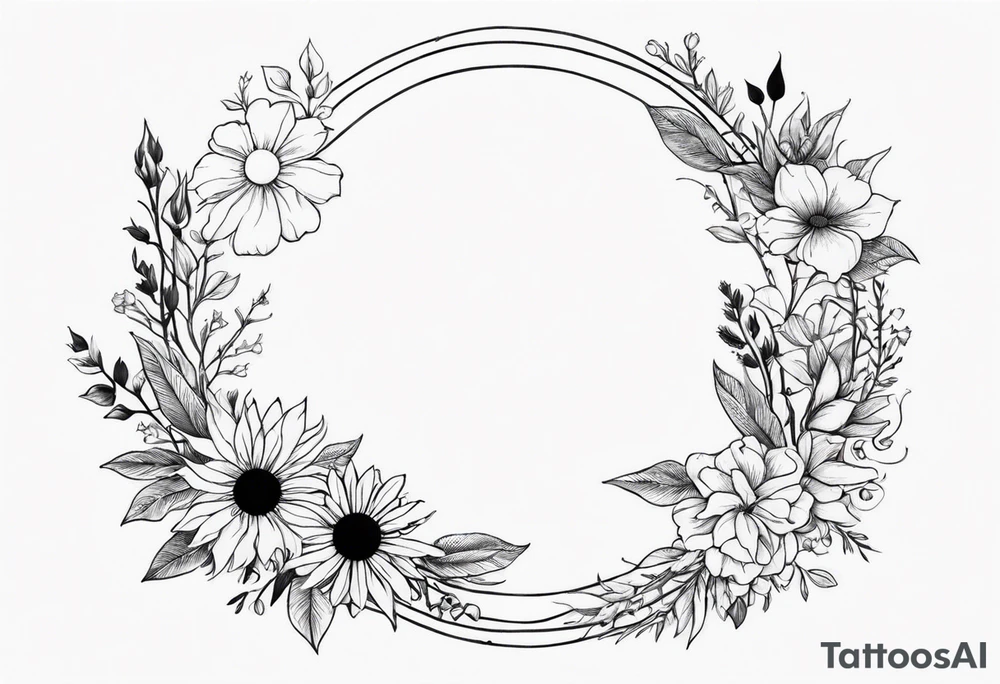 A floral wreath around a brilliant sun tattoo idea