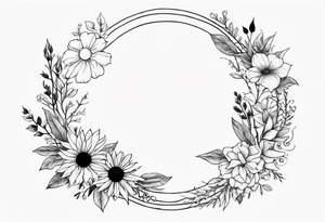 A floral wreath around a brilliant sun tattoo idea