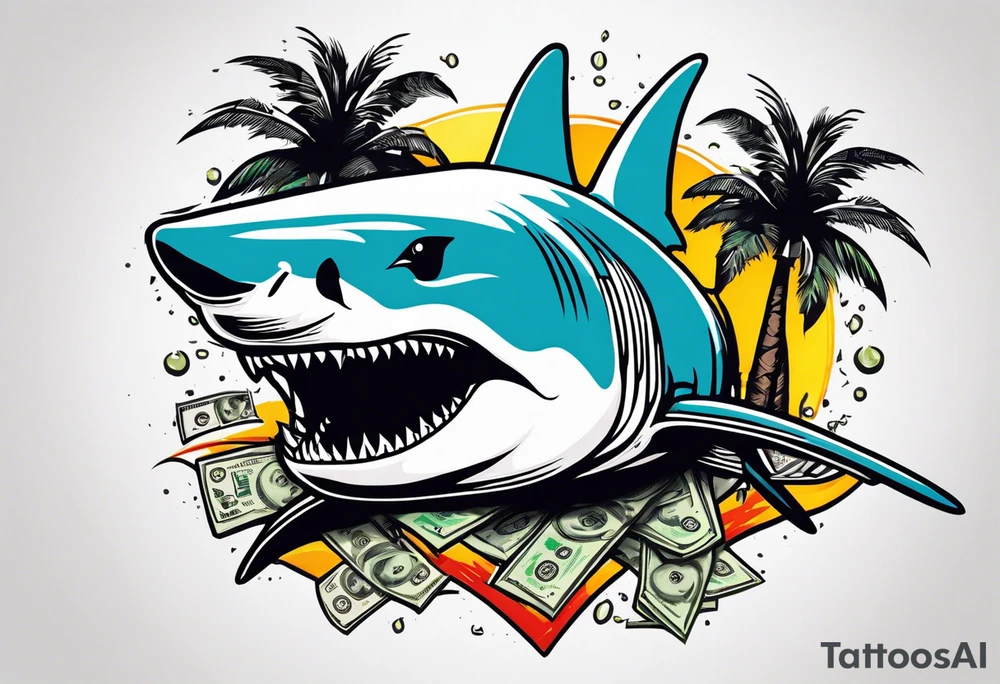 Great white shark, palm trees, money tattoo idea