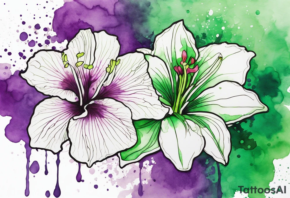 An outline of an only green rio dipladenia flower and a green and purple watercolor splash in the background tattoo idea