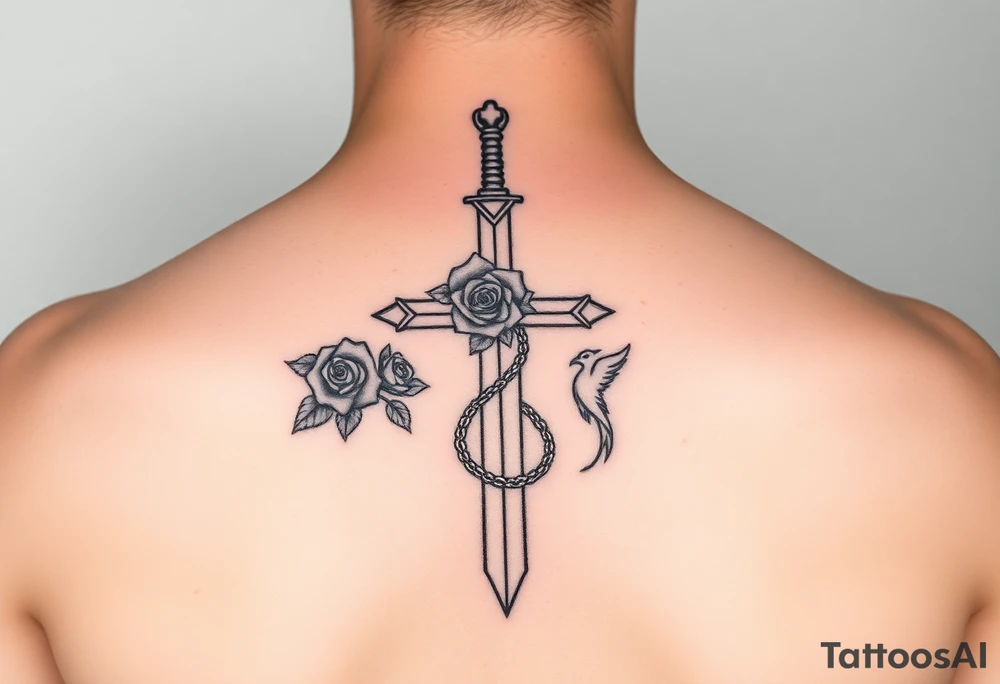 Cross sword on arm darkened in with roses pearls on the sword and a small phoenix rising from the ashes feminine tattoo idea