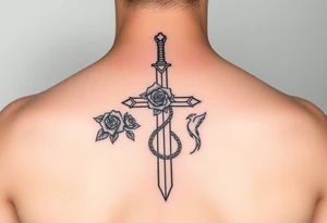 Cross sword on arm darkened in with roses pearls on the sword and a small phoenix rising from the ashes feminine tattoo idea