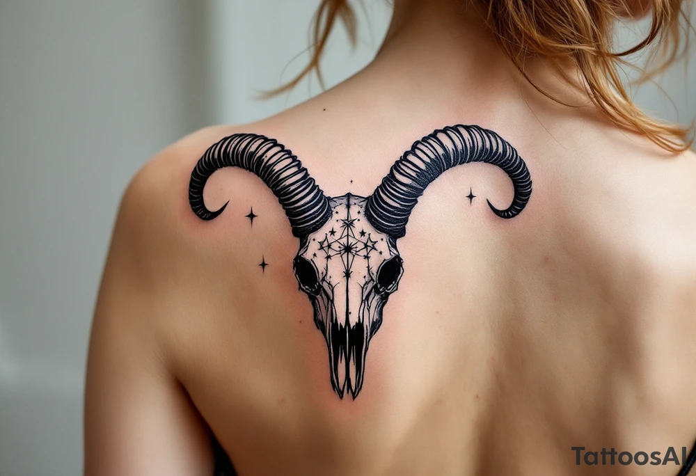 Bold black Capricorn stars constellation arch over a dark navy goat skull, blending astrology and mythology. tattoo idea