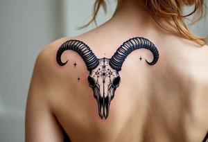 Bold black Capricorn stars constellation arch over a dark navy goat skull, blending astrology and mythology. tattoo idea
