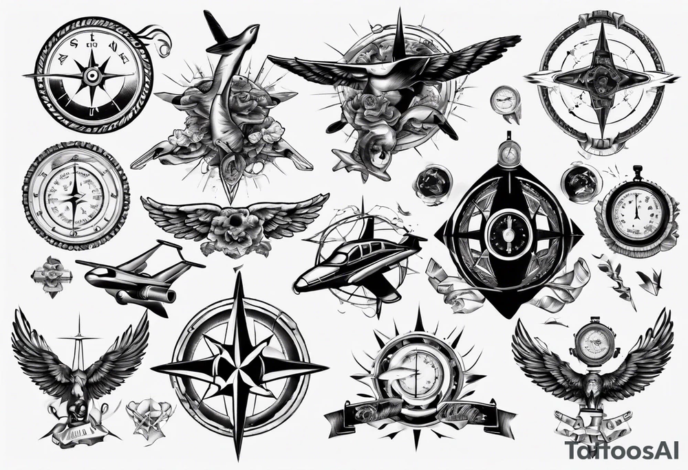 skydiving, shooting guns, compass, adventure tattoo idea