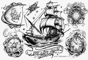 Create a tattoo blending the musical Hamiton and the movie Treasure Planet and the Lyrics "Dying is Easy, Living is Harder" and "I'm still here" tattoo idea