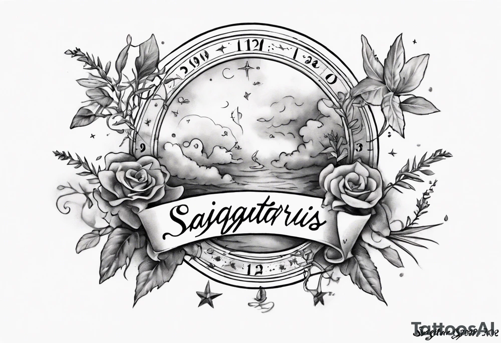 a forearm tattoo with a cloud with little plants around the word sagittarius and underneath it the date 12.08.05 tattoo idea