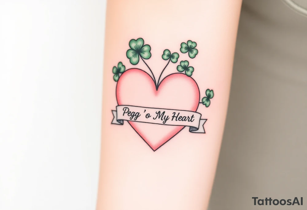 Big patch green shamrocks and a big pale pink heart with a banner across the heart that says Peg 'o My Heart tattoo idea