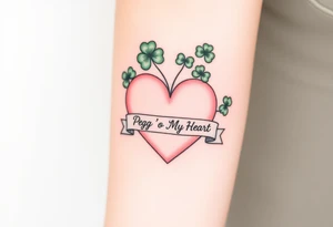 Big patch green shamrocks and a big pale pink heart with a banner across the heart that says Peg 'o My Heart tattoo idea