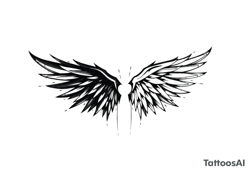 the wings go up

This tattoo design features a pair symmetrical angel wings drawn in black ink with a rough, sketch-like style. The left wing is darker, more defined, and appears denser, while the right wing is lighter, more delicate, and fragmented, creating a contrast between the two. The feathers are sharp and irregular, with fine lines and stray strokes extending outward, adding a raw and artistic feel. The overall look is dynamic and slightly chaotic, giving the impression of movement or an unfinished, ethereal form. This design symbolizes duality, freedom, transformation, or even struggle, making it a meaningful and visually striking tattoo. tattoo idea