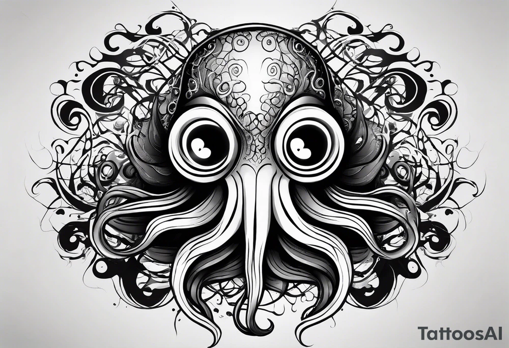 The equivalent of a horror and bizarre squid avatar. twisting and intersecting lines, making it look very wild and chaotic. The eyes of the squid are particularly prominent, one of them is white and the other is black, the overall expression is crazy and intense, with some distressed or damaged texture effects. tattoo idea
