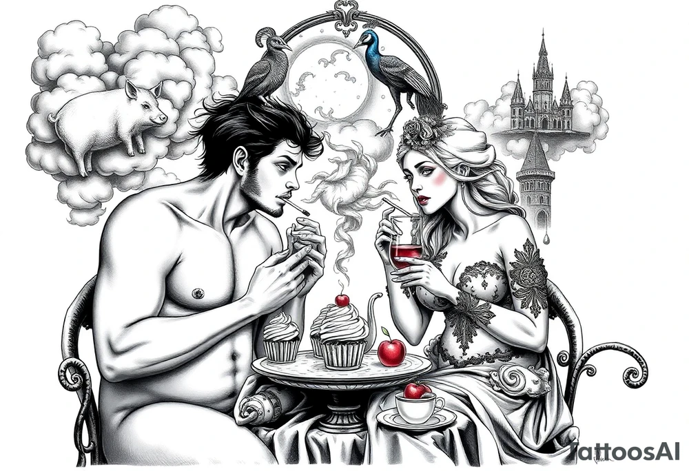 Mystical Naked Man and woman eating cupcakes and liquor fruit  having sex clouds gothic sexy naked fat lady having a tea party with tea pot and Victorian castle 
with a pigs, peacock, noose, lion, goat, smoking cigerettes looking in the mirror thru storm clouds with razor blades and broken hearts and darkness and wrath, envy , gluttony, greed, sloth, pride kill tattoo idea