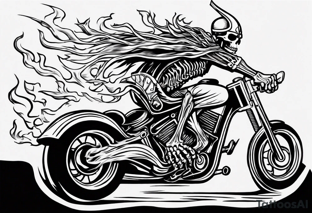 i want a tattoo of a big viking skeleton riding a motorcycle with flames and I want the words “Viking Customs” incorporated into the design tattoo idea