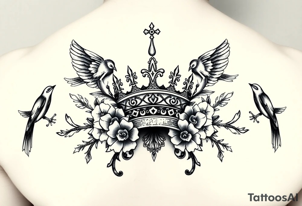 powerful majestic with a crown, surrounded by floral ornaments and birds tattoo idea