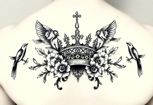 powerful majestic with a crown, surrounded by floral ornaments and birds tattoo idea