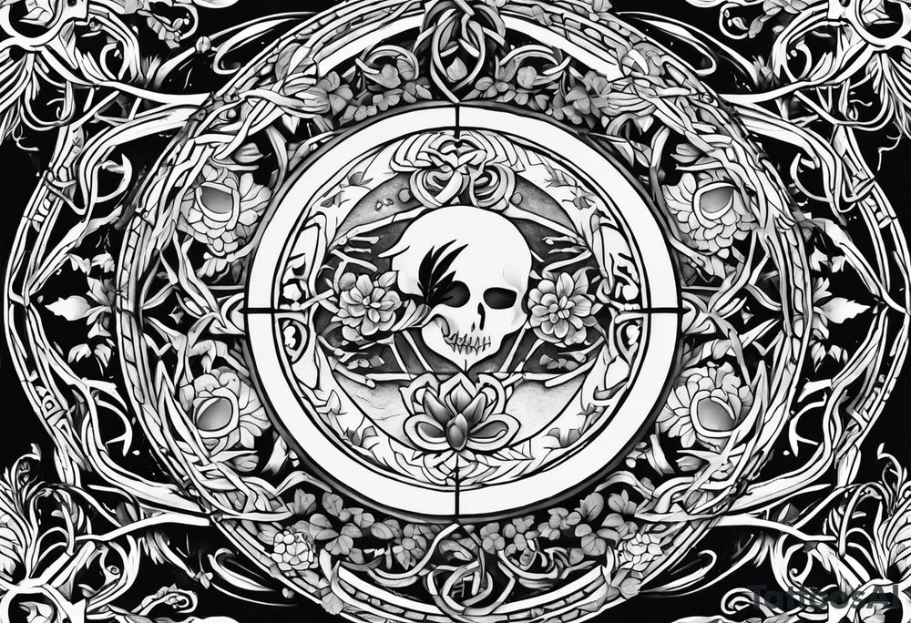 sleep token runes in the middle of a moon with tangled vines at the bottom with a dagger and flowers below it tattoo idea