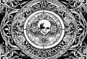 sleep token runes in the middle of a moon with tangled vines at the bottom with a dagger and flowers below it tattoo idea