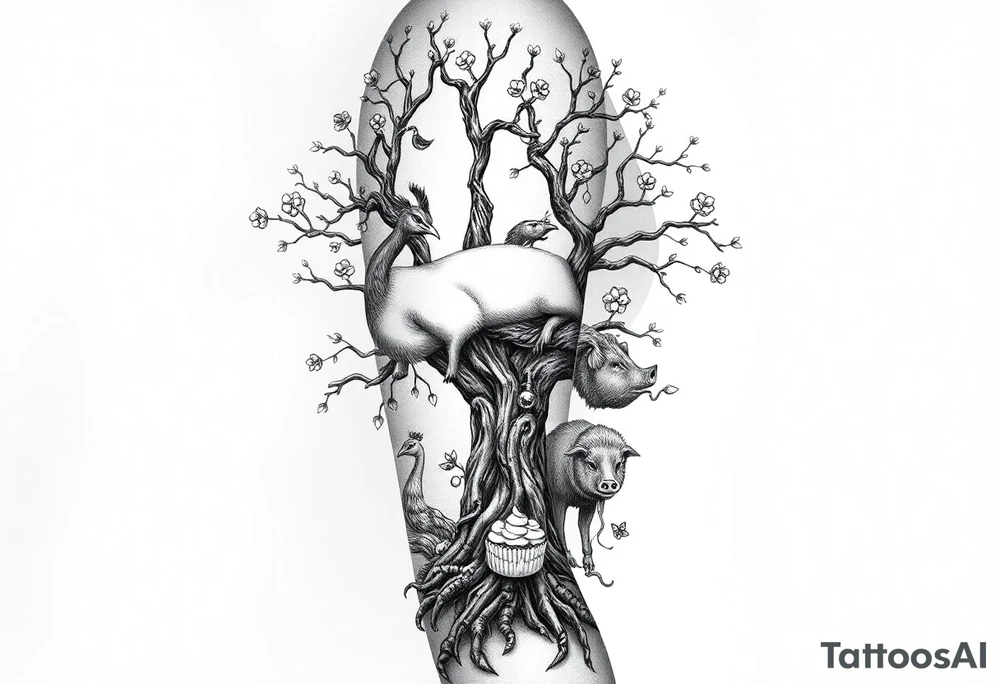 mystical tree  with cosmic  branches fat naked sexy woman , peacock , pig , cupcakes, liquor, cigerette, Storm clouds, pig, peacock , fat sexy naked fat woman, cupcakes, noose , money, goat lion, man sex toys pussy dicks, cigerette storm lightening, killing, darkness death, violent majestic creatures and tattoo idea