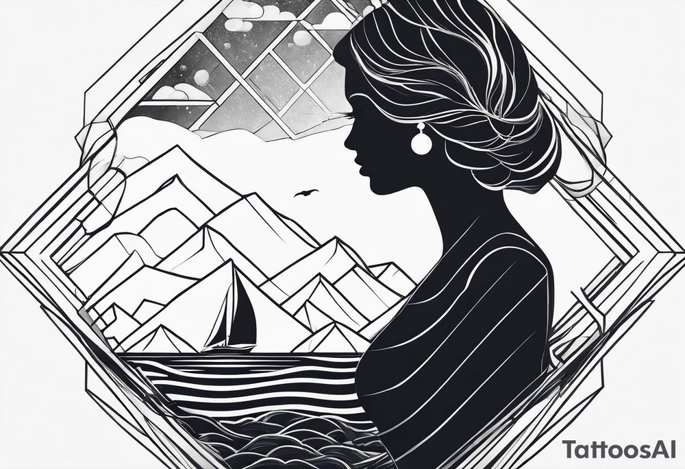 geometric silhouette lady iceberg with a man swimming tattoo idea