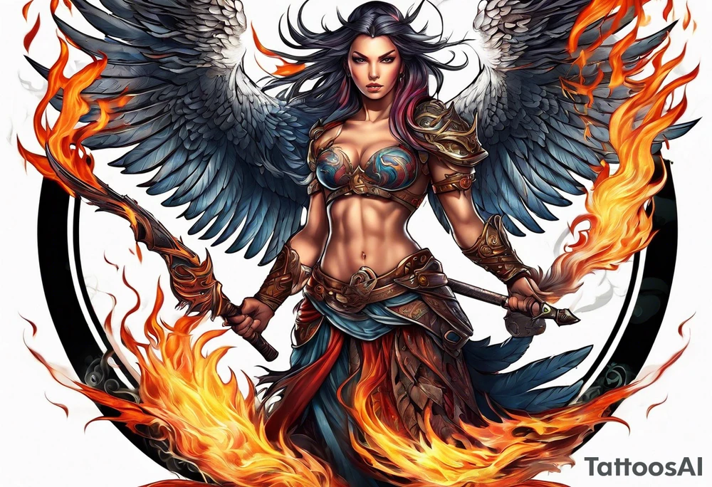 phoenix scarred warrior with weapons burning tattoo idea