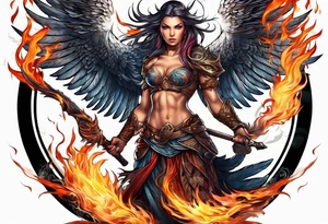 phoenix scarred warrior with weapons burning tattoo idea