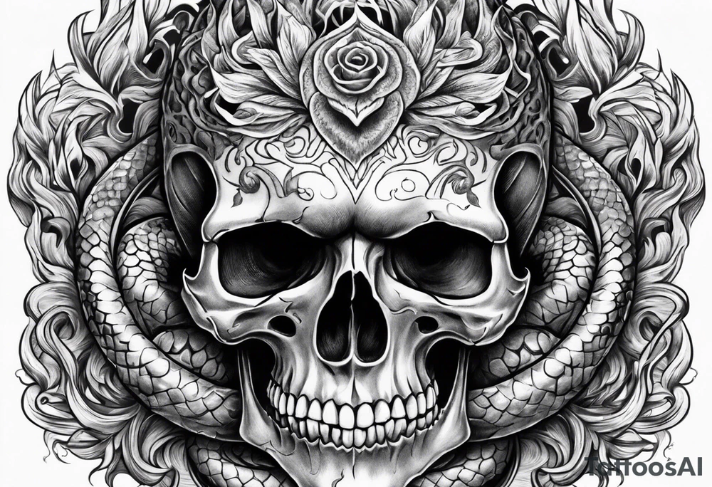 Skull with burning flames in mouth and snake through its eyes tattoo idea