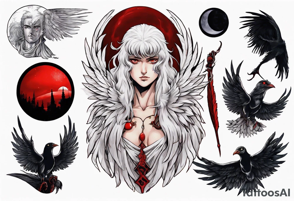 neo traditional, griffith from berserk, manga, white feather bird, red eclipse, forearm tattoo tattoo idea